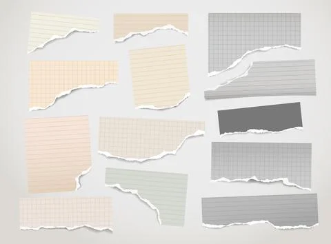 Set of torn yellow paper stripes and note, notebook sheet stuck on white Stock Illustration