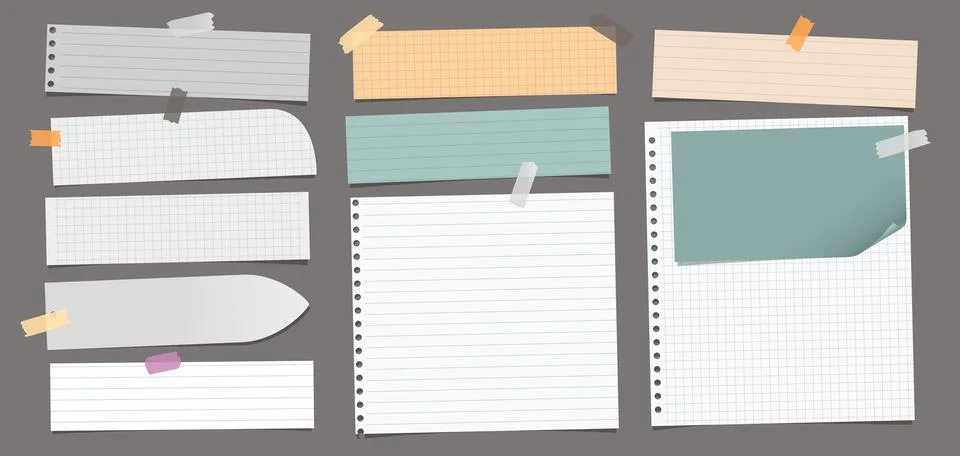 Set of torn yellow, white note, notebook paper pieces with sticky tape stuck on Stock Illustration