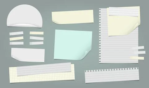 Set of torn yellow, white note, notebook paper pieces with sticky tape stuck on Stock Illustration