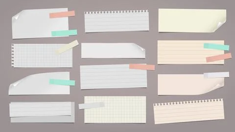 Set of torn yellow, white note, notebook paper pieces with sticky tape stuck on Stock Illustration