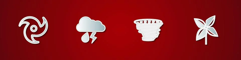 Set Tornado, Cloud with rain and lightning, and Pinwheel icon. Vector Stock Illustration
