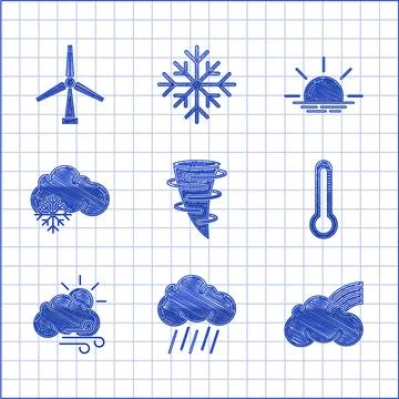 Set Tornado, Cloud with rain, Rainbow clouds, Thermometer, Windy weather, snow Stock Illustration