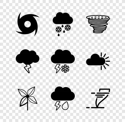 Set Tornado, Cloud with snow and rain, Pinwheel, lightning, Storm and icon Stock Illustration