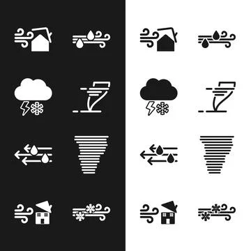 Set Tornado, Cloud with snow and lightning, swirl, Wind rain, and icon. Vector Illustrazione stock