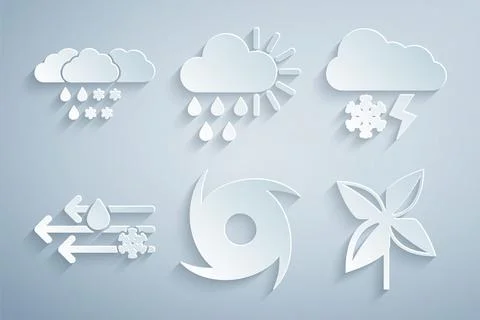 Set Tornado, Cloud with snow and lightning, Wind rain, Pinwheel, Cloudy sun.. Stock Illustration