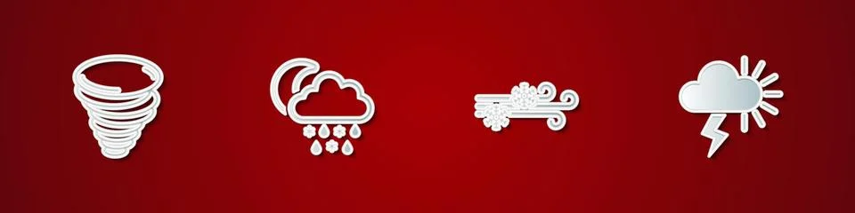 Set Tornado, Cloud with snow, rain, moon, Wind and and Storm icon. Vector Ilustração Stock