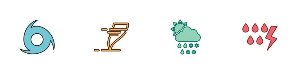 Set Tornado, , Cloud with snow, rain, sun and Storm icon. Vector Illustrazione stock