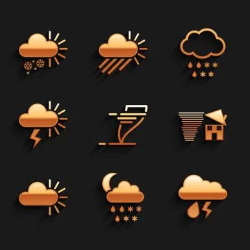 Set Tornado, Cloud with snow, rain, moon, and lightning, swirl, Cloudy, Storm Stock Illustration