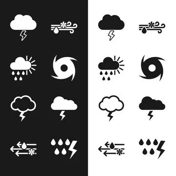 Set Tornado, Cloudy with rain and sun, Storm, Wind snow,  and  icon. Vector Stock Illustration
