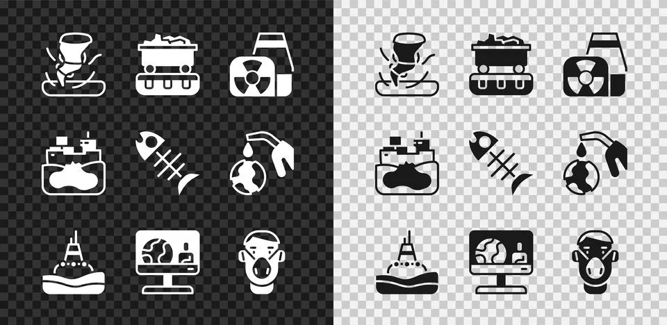 Set Tornado, Coal train wagon, Nuclear power plant, Floating buoy the sea 스톡 일러스트