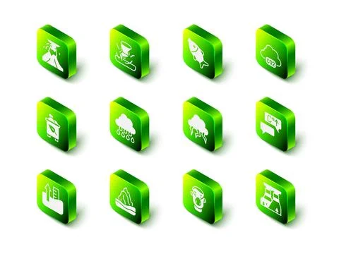 Set Tornado, Dead fish, CO2 emissions in cloud, Global warming, Nuclear power Ilustração Stock