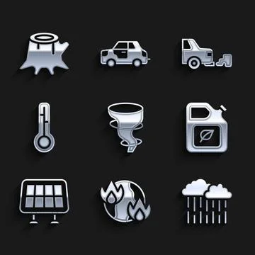 Set Tornado Global warming fire Cloud with rain Bio fuel canister Solar energ Stock Illustration