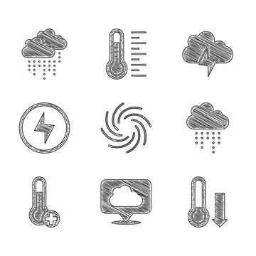 Set Tornado, Location cloud, Meteorology thermometer, Cloud with rain, Lightn Illustrazione stock