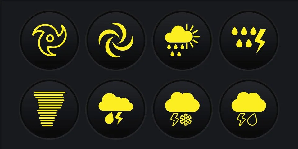 Set Tornado, Storm, Cloud with rain and lightning, snow, Cloudy sun, and icon Stock Illustration