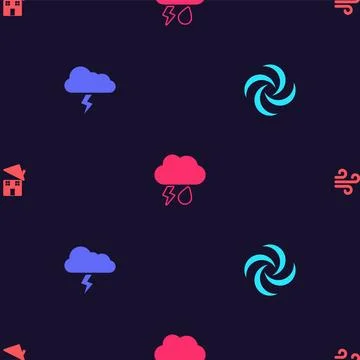 Set Tornado, Storm, Cloud with rain and lightning and swirl on seamless pattern Stock Illustration
