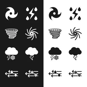 Set Tornado, Storm, Cloud with snow and lightning, Wind and rain icon. Vector Stock Illustration