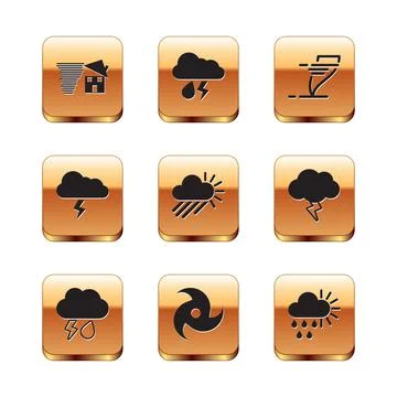 Set Tornado swirl, Cloud with rain and lightning, Cloudy sun, Storm, and icon Stock Illustration