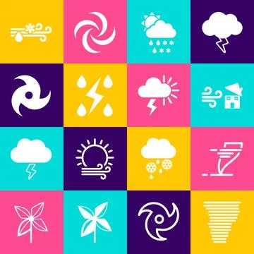 Set Tornado, swirl, Cloud with snow, rain, sun, Storm, Wind and and icon. Vector Illustrazione stock