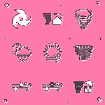 Set Tornado, swirl, Cloud with snow, rain, moon, Wind and sun, and icon. Vector Illustrazione stock