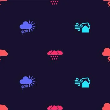Set Tornado swirl, Cloudy with snow, and rain and Storm on seamless pattern Stock Illustration