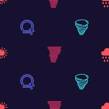 Set Tornado, Wind and sun, and Cloudy with rain on seamless pattern. Vector Stock Illustration