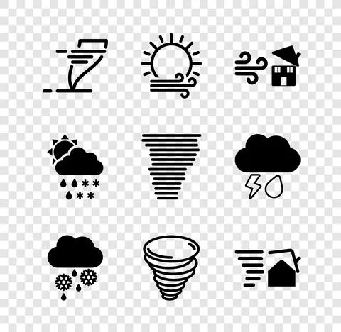 Set Tornado, Wind and sun, swirl, Cloud with snow rain, snow, and icon. Vector Illustrazione stock