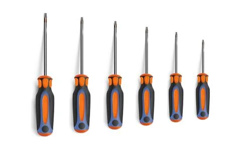 Set torx screwdrivers isolated on white background. Chrome objects top view. Stock Illustration