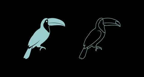 Set of toucan bird illustrations in solid light blue and outline styles Stock Illustration