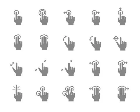Set of touch screen gestures grey icon. Hand click, finger multi touch, cursor Stock Illustration