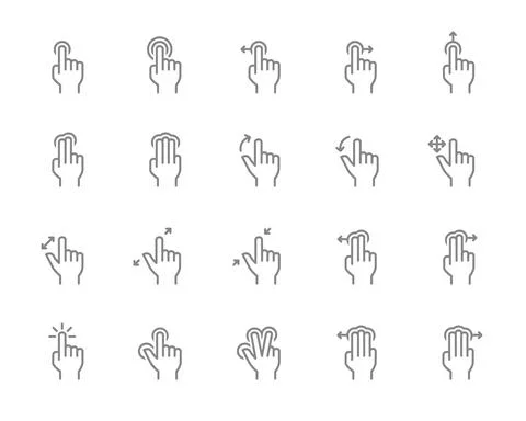 Set of touch screen gestures line icon. Hand click, finger multi touch, cursor Illustrazione stock