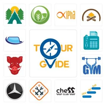 Set of tour guide, level up, chess club, working class, mercedes, gym, boars  Illustrazione stock gratuita