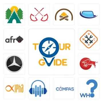 Set of tour guide, who, compas, audio visual, alpha, bull, mercedes, working  Illustrazione stock gratuita