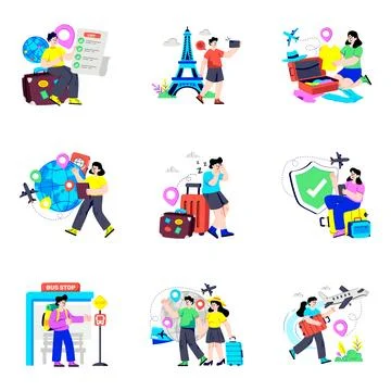 Set of Tourism Flat Illustrations Stock Illustration