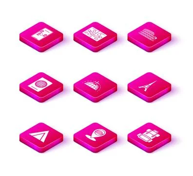 Set Tourist tent, Map pointer with Coliseum in Rome, Italy, Passport biomet.. Stock Illustration