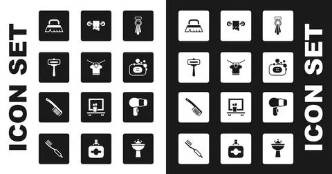 Set Towel on a hanger, Drying clothes, Shaving razor, Brush for cleaning, Bar of Stock Illustration