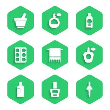 Set Towel on a hanger, Nail polish bottle, Pipette, Perfume, Bottle of shampoo Stock-Illustration