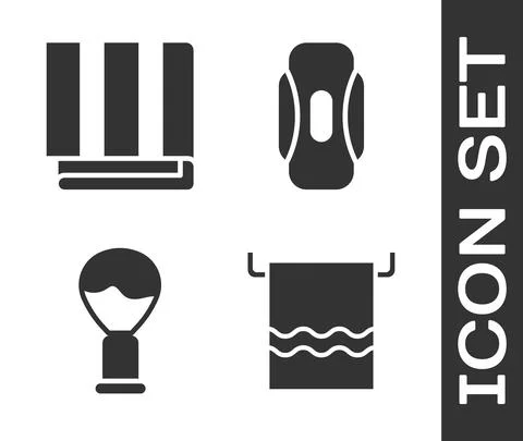 Set Towel on a hanger, Towel stack, Shaving brush and Sanitary napkin icon Stock Illustration