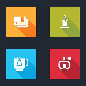 Set Towel stack, Aroma candle, Cup of tea with tea bag and Aftershave icon イラスト素材