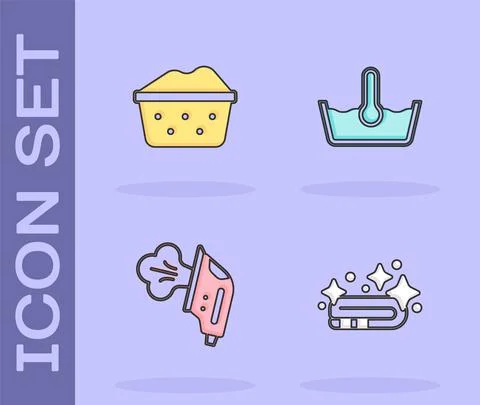 Set Towel stack, Basin with soap suds, Electric iron and Temperature wash icon Stock Illustration