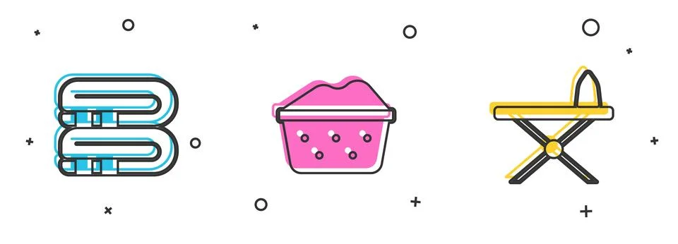 Set Towel stack, Basin with soap suds and Iron and ironing board icon. Vector Stock Illustration