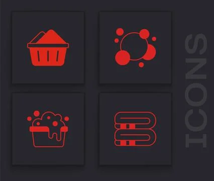 Set Towel stack, Basin with soap suds, Soap water bubbles and  icon. Vector Stock Illustration