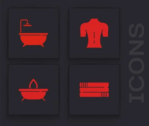 Set Towel stack, Bathtub, Massage and Aroma candle icon. Vector Stock Illustration