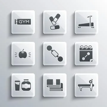 Set Towel stack, Bench with barbel, Calendar fitness, Dumbbell, Sports nutrition Stock Illustration