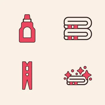 Set Towel stack, Bottle for cleaning agent, and Clothes pin icon. Vector Stock Illustration