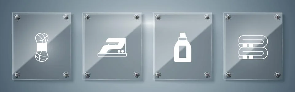 Set Towel stack, Bottle for cleaning agent, Electric iron and Yarn. Square glass Stock Illustration