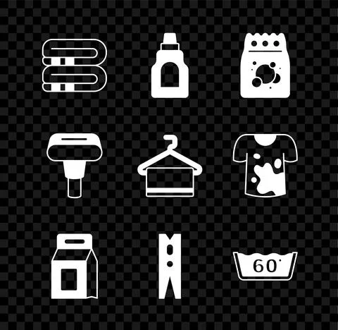 Set Towel stack, Bottle for cleaning agent, Laundry detergent, Clothes pin Stock Illustration