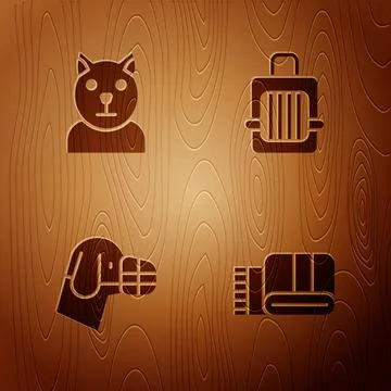 Set Towel stack, Cat, Dog in muzzle and Pet carry case on wooden background Stock Illustration