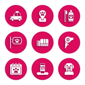 Set Towel stack, Cat scratching post, Dog, Hair dryer, Calendar grooming, Pet Stock Illustration