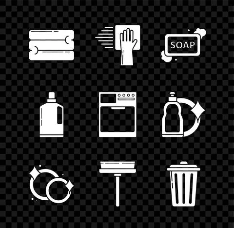 Set Towel stack, Cleaning service, Bar of soap with foam, Washing dishes Stock Illustration