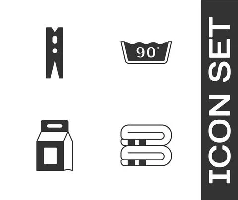 Set Towel stack, Clothes pin, Laundry detergent and Temperature wash icon Stock Illustration